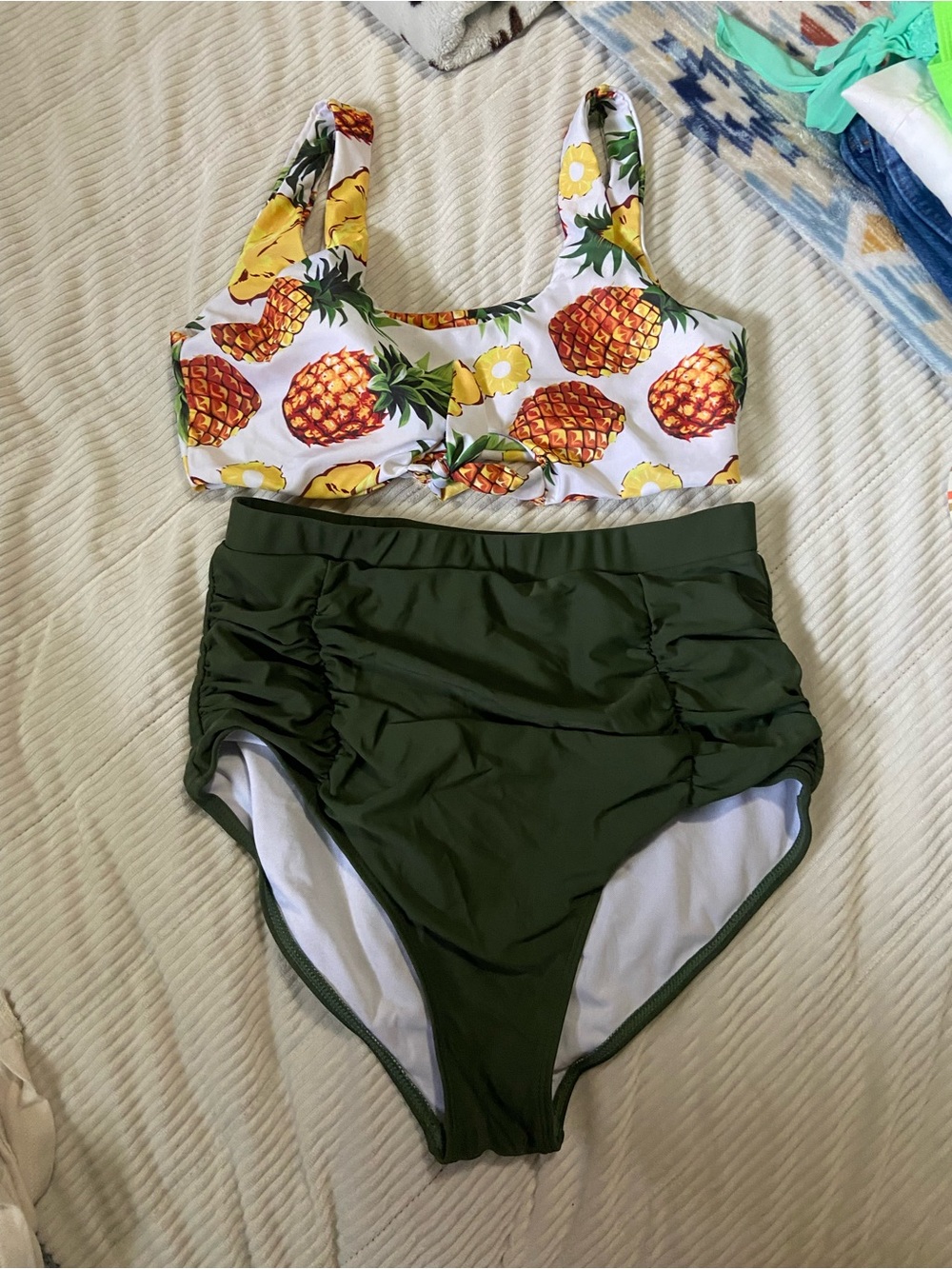 SHEIN Pineapple Print Bikini Top with Olive High-Waist Bottoms